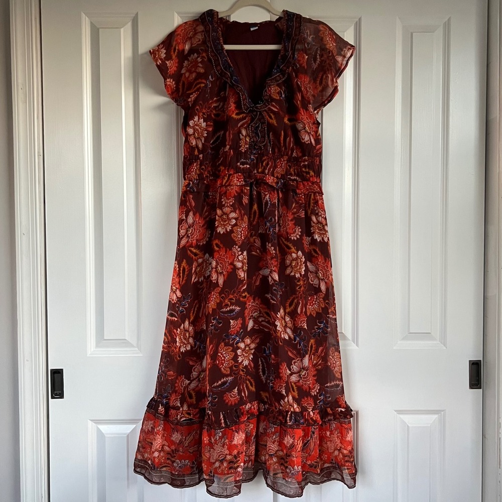 Old Navy Burgundy Orange Floral Bohemian Peasant Tiered Ruffle Midi Dress Size L